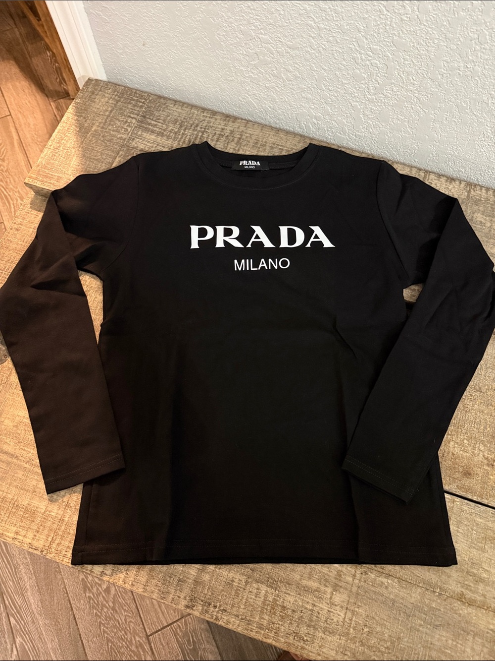 Prada Black Long-Sleeve Crewneck with White Logo